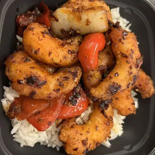 Spicy sizzling shrimp bowl