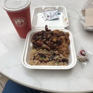 A photo of my food, drink, and fortune cookie.