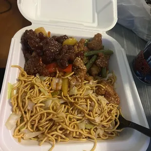 Plate: Chow Mein Beijing Beef and Honey Sesame Chicken