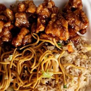 $10 - 2 entrees &amp; 1 side. I ordered (1) double entree of orange chicken and 1/2 rice, 1/2 chow mein