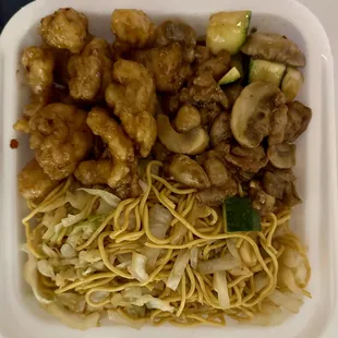 Orange chicken, mushroom chicken, and chow mein