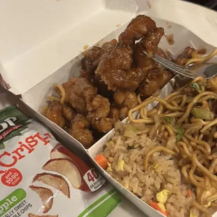 Kids meal- orange chicken, 1/2 fried rice 1/2 chow mein , included fruit is apple crisps just under $7.