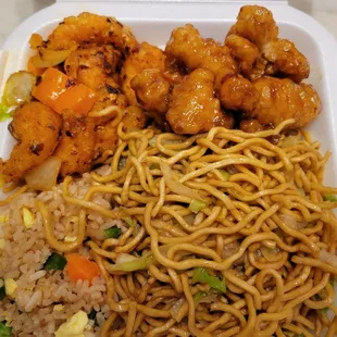 Orange Chicken and limited time available Crispy Chili Shrimp.