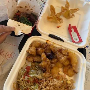 Yummy! Bigger plate (better deal, more protein!) Spicy orange chicken, walnut shrimp, steak &amp; cream cheese Rangoon!