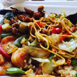 Half n half with pacific shrimp &amp; kung pao chicken. Tasty