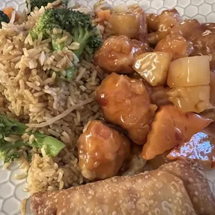 Pineapple chicken, vegetable fried rice &amp; egg roll