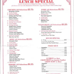the menu for lunch special