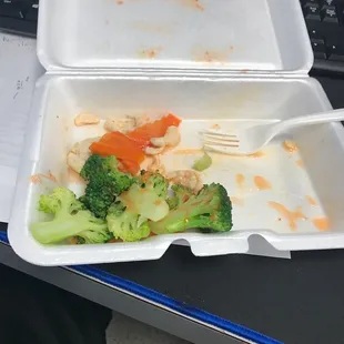 Chicken broccoli, no sauce, I added some Frank's hot sauce.