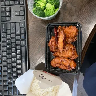 Eating on the job. General Tso Chicken/Steamed Rice/Vegetables