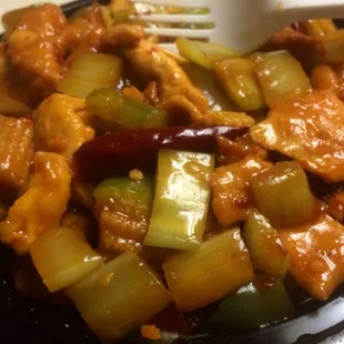 Kung Pao Chicken over chow mein. Very tasty, but I do wish it was hotter/spicier.