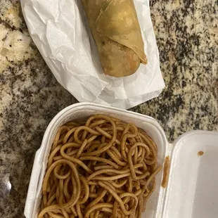 A giant spring roll and lo mein noodles for $1.85 to replace white rice with an entrée