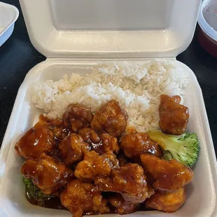 General Tso&apos;s lunch portion. Comes with crab rangoons.