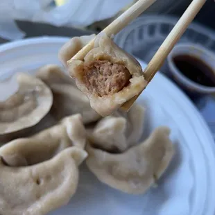 a plate of dumplings with chopsticks