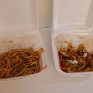 A chinsy portion of beef lomein on the left, less than a third of a normal portion of Mongolian beef . THESE ARE WHAT WE GOT FOR $50.00