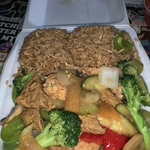 Delivered hot and yummy Tofu home style   with fried rice with mild spicy. Sub broccoli instead of baby Corn