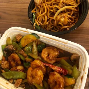 Szechuan shrimp and shrimp lo mein