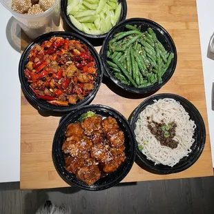 Cold Stir Cucumber, green String Beans in Ginger Sauce, Hot and Spicy Chicken, Dan Dan Spicy Noodle with Minced Pork, Sesame Chicken