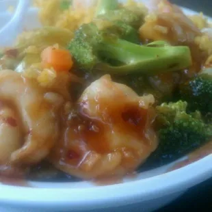 Shrimp broccoli shrimp rice with garlic sauce