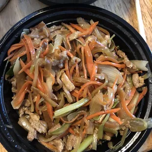 A lot of Carrots and onions in bean curd with pork