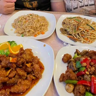 Orange Chicken, Kung Pao Chicken, Chicken Fried Rice  Beef Lo Mein, and Egg Drop Soup.