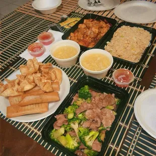 combo with kung pao chicken, beef with broccoli, fried rice, and egg drop corn soup plus 2 sides of crab rangoons &amp; a side of egg rolls