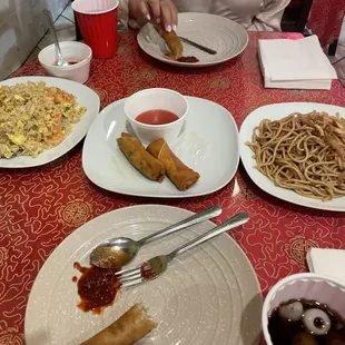 Egg roll, chow mein and shrimp fried rice.
