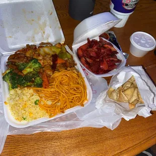 Chow Mein, Fried rice, Beef Teriyaki, Kung pao chicken, bbq chicken, and cream cheese ragoons