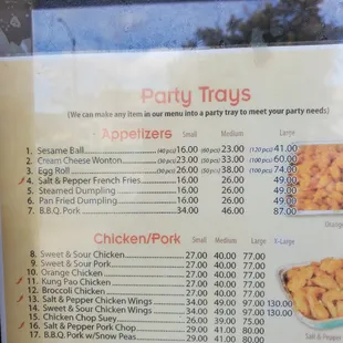 Updated party trays prices, 12/8/2022