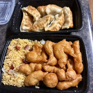 Sweet and sour chicken with fried dumplings