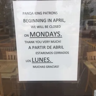 PandaKing closed every Mondays