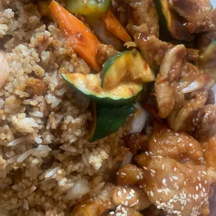 Sesame chicken, kung pao chicken, shrimp fried rice