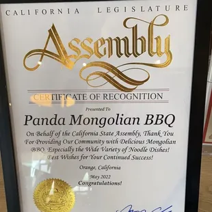 California State Assembly certificate of recognition for Panda Mongolian BBQ restaurant