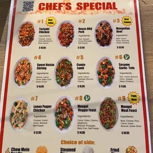 the menu for the special