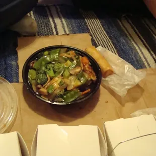 Mixed vegetables & spring rolls.
