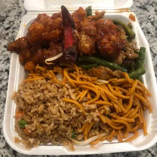 3 Item Combo - half and half fried rice and chow mein, spicy orange chicken, green bean chicken, and spicy short rib not pictured