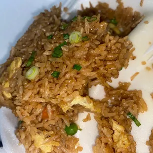 a plate of fried rice with a fork
