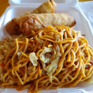 Fried rice, chowmein and veggie egg rolls