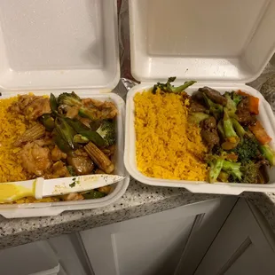 two take out containers of food on a kitchen counter