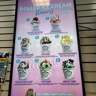 a menu for a variety of ice cream flavors