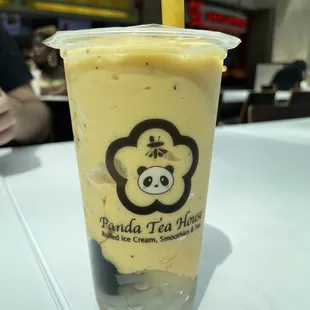 Mango passion fruit slushy with tapioca pearls and lychee jelly