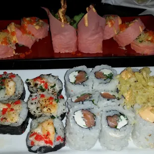 Clockwise from top- Sunshine Roll, Spicy Tuna, Philadelphia, Scallop.
