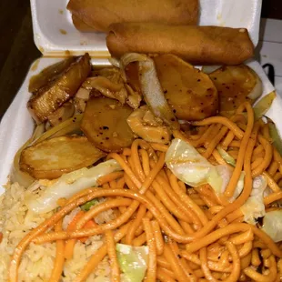 Potato Chicken (or should I say potato), chow mein, rice &amp; spring rolls