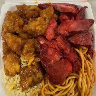 Half fried rice &amp; chow mein w/ orange chicken &amp; bbq pork