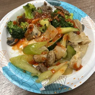 Beef/broccoli and mushroom chicken