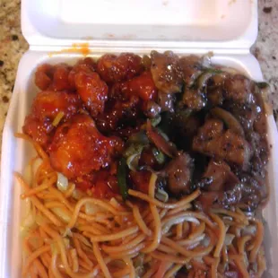 Orange and potato chicken with chow mein for $6.15.