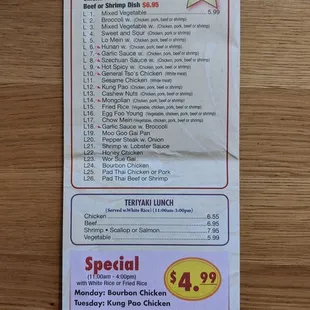 the menu for lunch special