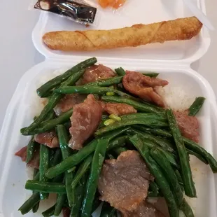Beef and string beans, add a pork eggroll.