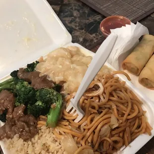 Coconut shrimp beef &amp; broccoli fried rice and chow main