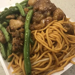 They Stack up your plates. string bean chicken with chow main