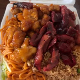 Combo B with half and half and Orange Chicken and bbq pork.
